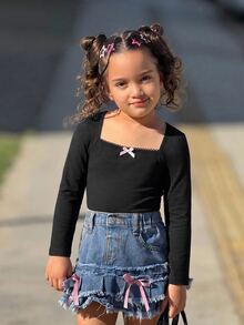 SHEIN Young Girl Young Girl Knit Solid Color Square Neck Casual T-Shirt - Black - View 3