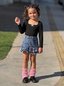 SHEIN Young Girl Young Girl Knit Solid Color Square Neck Casual T-Shirt - Black - View 4