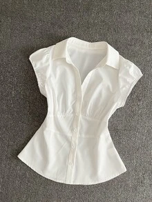 IslaSuriya 女士纯色袖口纽扣简约设计夏季休闲衬衫 - 白色 - 查看 4