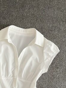 IslaSuriya 女士纯色袖口纽扣简约设计夏季休闲衬衫 - 白色 - 查看 6