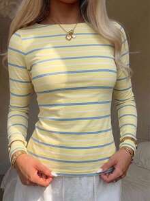 CovetEZ 休閒極簡性感露肩奶油黃條紋長袖T恤，適合秋冬季節，秋冬服飾搭配，奶油黃條紋讓妳顯白 - 彩色 - 查看 8