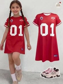 SHEIN 青少年女孩春夏洋裝，紅白色字母印花運動休閒圓領街頭風校園日常穿搭，日風格 - 紅色 - 查看 1