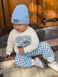 THE HAPPY LOOK 2pcs Kids Young Boy Casual Daily Comfortable Car Print Pattern Crew Neck Pullover Long Sleeve Sweatshirt Checkered Checkerboard Sweatshirt Sweatpants Knit 2 Pieces Set Sweatshirt Outfit Street Retro Style, Easy And Comfortable, Children Autumn Layering, Sports Set, - Apricot - View 9