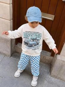 THE HAPPY LOOK 2pcs Kids Young Boy Casual Daily Comfortable Car Print Pattern Crew Neck Pullover Long Sleeve Sweatshirt Checkered Checkerboard Sweatshirt Sweatpants Knit 2 Pieces Set Sweatshirt Outfit Street Retro Style, Easy And Comfortable, Children Autumn Layering, Sports Set, - Apricot - View 1