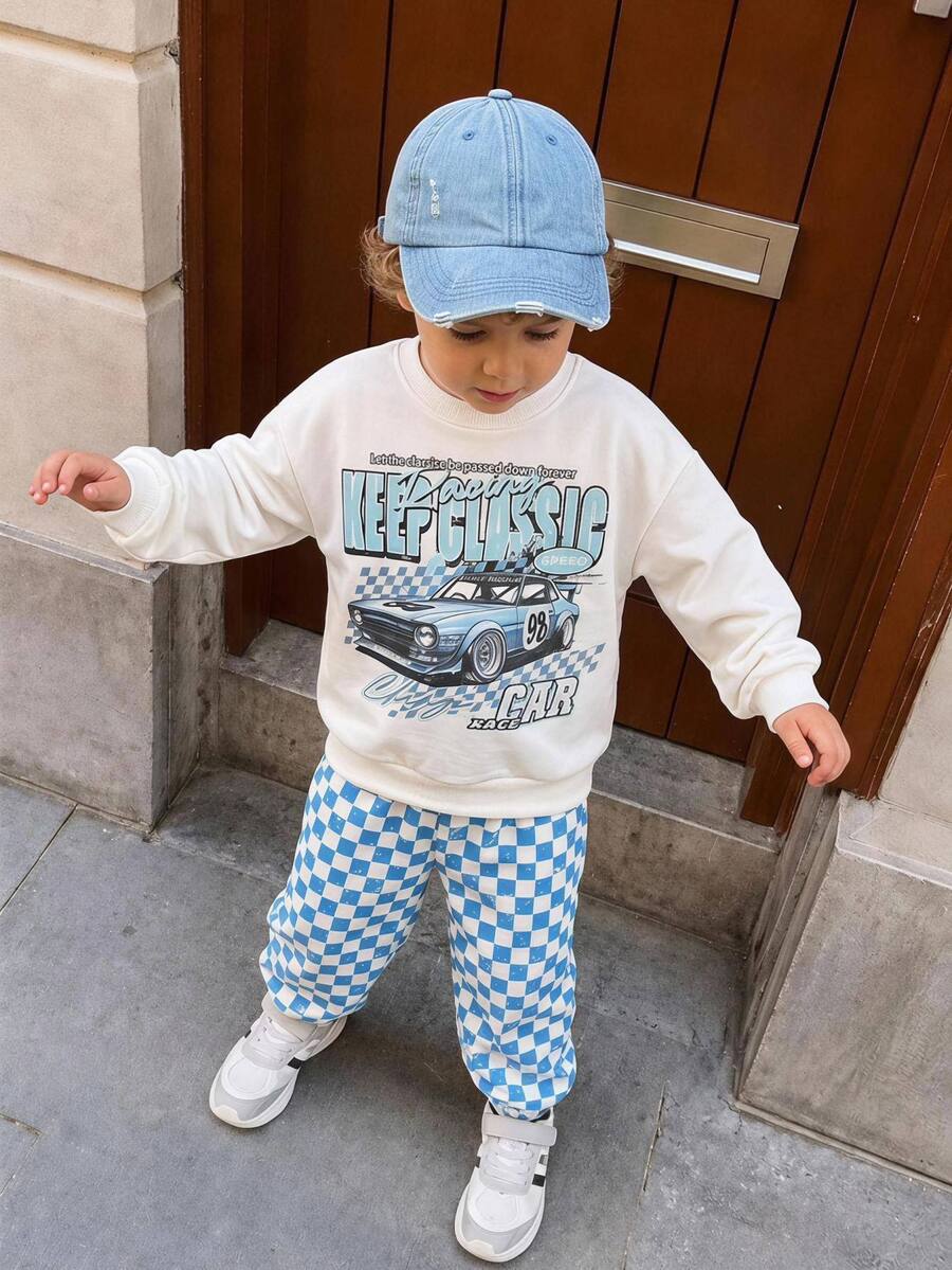THE HAPPY LOOK 2pcs Kids Young Boy Casual Daily Comfortable Car Print Pattern Crew Neck Pullover Long Sleeve Sweatshirt Checkered Checkerboard Sweatshirt Sweatpants Knit 2 Pieces Set Sweatshirt Outfit Street Retro Style, Easy And Comfortable, Children Autumn Layering, Sports Set, - Apricot - View 1