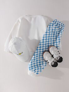 THE HAPPY LOOK 2pcs Kids Young Boy Casual Daily Comfortable Car Print Pattern Crew Neck Pullover Long Sleeve Sweatshirt Checkered Checkerboard Sweatshirt Sweatpants Knit 2 Pieces Set Sweatshirt Outfit Street Retro Style, Easy And Comfortable, Children Autumn Layering, Sports Set, - Apricot - View 3