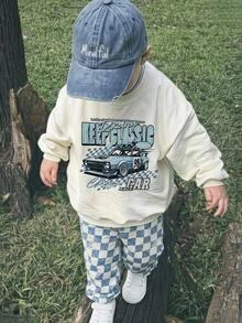 THE HAPPY LOOK 2pcs Kids Young Boy Casual Daily Comfortable Car Print Pattern Crew Neck Pullover Long Sleeve Sweatshirt Checkered Checkerboard Sweatshirt Sweatpants Knit 2 Pieces Set Sweatshirt Outfit Street Retro Style, Easy And Comfortable, Children Autumn Layering, Sports Set, - Apricot - View 10