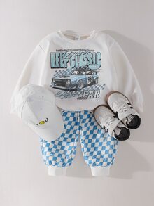 THE HAPPY LOOK 2pcs Kids Young Boy Casual Daily Comfortable Car Print Pattern Crew Neck Pullover Long Sleeve Sweatshirt Checkered Checkerboard Sweatshirt Sweatpants Knit 2 Pieces Set Sweatshirt Outfit Street Retro Style, Easy And Comfortable, Children Autumn Layering, Sports Set, - Apricot - View 2