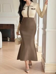 DAZY Autumn/Winter Lapel Colorblock Slim Fit Flattering Metal Button Decor A-Line Knit Sweater Dress Elegant Women Commute Date Wear - Beige - View 4