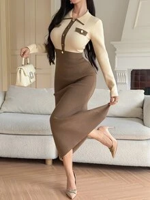 DAZY Autumn/Winter Lapel Colorblock Slim Fit Flattering Metal Button Decor A-Line Knit Sweater Dress Elegant Women Commute Date Wear - Beige - View 3