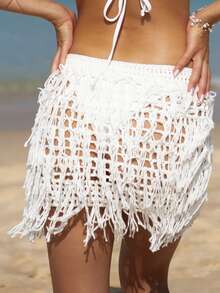 Swim Vcay Falda de pareos con abertura bajo con fleco de croché - Blanco - Ver 5