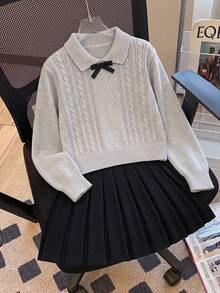 SHEIN 秋季女童灰色圓領長袖百褶針織衫裙套裝，返校家庭穿搭，聖誕黑色可愛學院風 - 灰色 - 查看 1