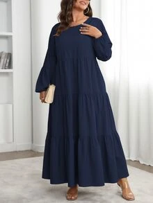 Vionelle 大尺碼女款春夏純色圓領燈籠袖荷葉邊鬆身休閒長洋裝，秋季女裝，適合早午餐與早晨穿著 - 藏蓝色 - 查看 3
