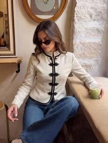 Serisse Women's Color BlockingShort "New Chinese Style" Long SleeveJacketWithMandarinCollarAndFrogClosures(Napoleon-Style) – Suitable For Work Or Dates Autumn - Multicolor - View 7