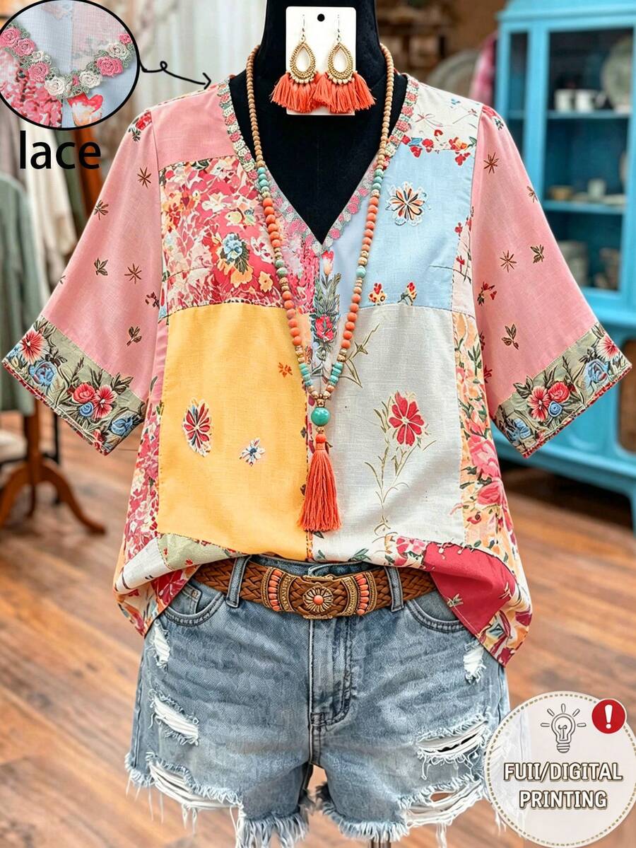 Linhara Plus Size Women's Pink Summer Boho Holiday Vacation Blouse,Retro Print V-Neck Lace Patchwork 3/4 Sleeve Ruffle Hem Loose Casual French Retro Shirt - Multicolor - View 1