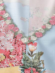 Linhara Plus Size Women's Pink Summer Boho Holiday Vacation Blouse,Retro Print V-Neck Lace Patchwork 3/4 Sleeve Ruffle Hem Loose Casual French Retro Shirt - Multicolor - View 4