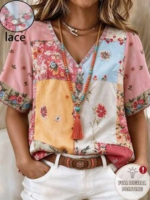 Linhara Plus Size Women's Pink Summer Boho Holiday Vacation Blouse,Retro Print V-Neck Lace Patchwork 3/4 Sleeve Ruffle Hem Loose Casual French Retro Shirt - Multicolor - View 5