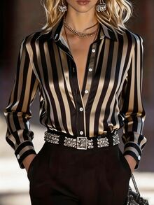 NostaNoir Women's Striped Satin Long Sleeve Blouse - Multicolor - View 1