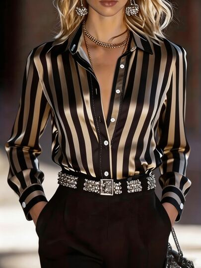 NostaNoir Women's Striped Satin Long Sleeve Blouse