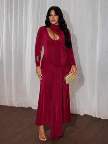 Rustia Plus Size Women Solid Color Pleated Casual Party Dress Christmas - Burgundy - View 7