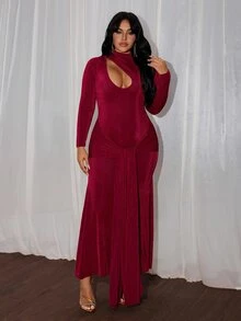 Rustia Plus Size Women Solid Color Pleated Casual Party Dress Christmas - Burgundy - View 5