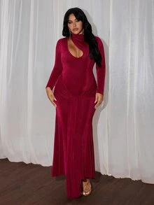 Rustia Plus Size Women Solid Color Pleated Casual Party Dress Christmas - Burgundy - View 8
