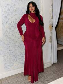 Rustia Plus Size Women Solid Color Pleated Casual Party Dress Christmas - Burgundy - View 1