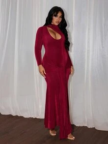 Rustia Plus Size Women Solid Color Pleated Casual Party Dress Christmas - Burgundy - View 4