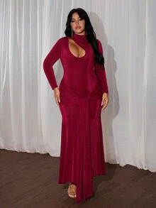 Rustia Plus Size Women Solid Color Pleated Casual Party Dress Christmas - Burgundy - View 6