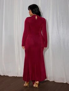 Rustia Plus Size Women Solid Color Pleated Casual Party Dress Christmas - Burgundy - View 2