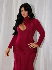 Rustia Plus Size Women Solid Color Pleated Casual Party Dress Christmas - Burgundy - View 3