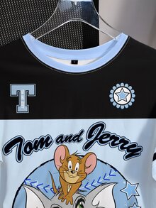 TOM & JERRY X SHEIN Women's Color Block Letter & Cartoon Graphic Round Neck Short Sleeve T-Shirt - White - View 4