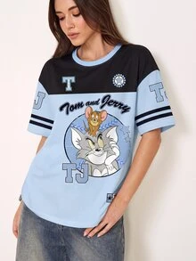 TOM & JERRY X SHEIN Women's Color Block Letter & Cartoon Graphic Round Neck Short Sleeve T-Shirt - White - View 1