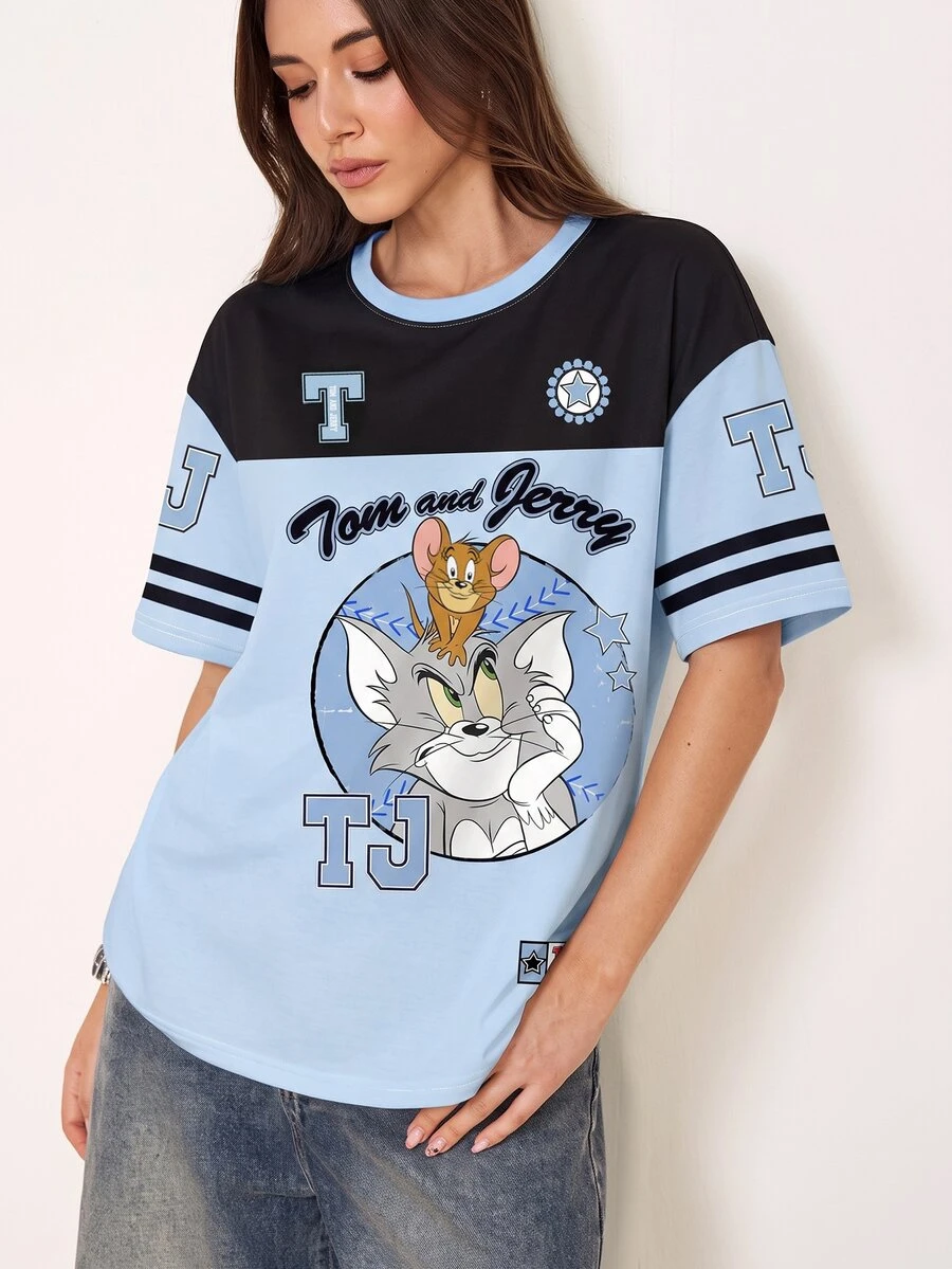 TOM & JERRY X SHEIN Women's Color Block Letter & Cartoon Graphic Round Neck Short Sleeve T-Shirt - White - View 1