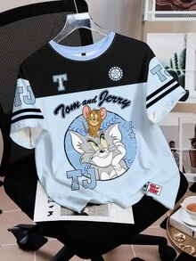 TOM & JERRY X SHEIN Women's Color Block Letter & Cartoon Graphic Round Neck Short Sleeve T-Shirt - White - View 2
