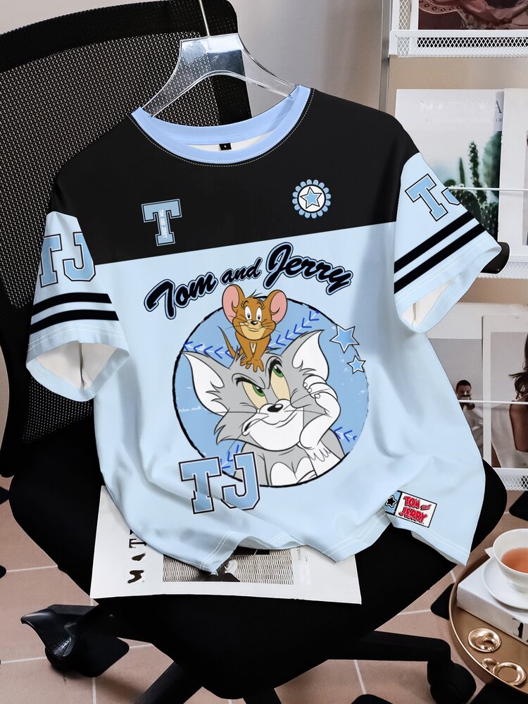 TOM & JERRY X SHEIN Camiseta de mujer de manga corta con cuello redondo, estampado de letras y dibujos animados en bloques de color - Blanco - Añade 2