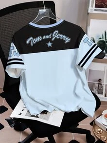 TOM & JERRY X SHEIN Women's Color Block Letter & Cartoon Graphic Round Neck Short Sleeve T-Shirt - White - View 3