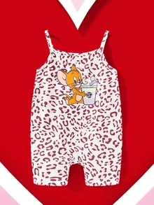 TOM & JERRY X SHEIN Baby Girl Cartoon And Leopard Print Romper - Multicolor - View 2