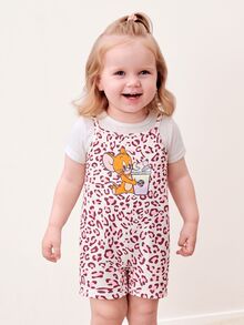 TOM & JERRY X SHEIN Baby Girl Cartoon And Leopard Print Romper - Multicolor - View 1