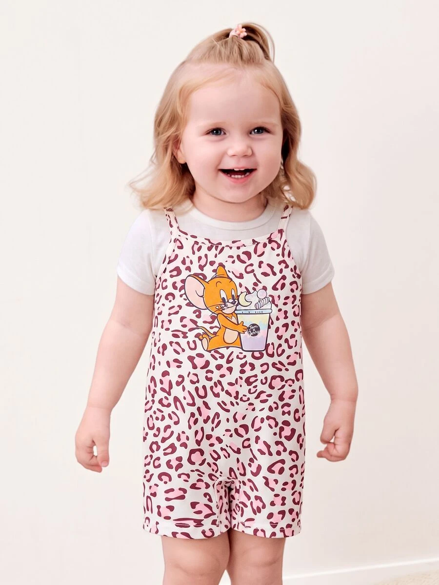 TOM & JERRY X SHEIN Baby Girl Cartoon And Leopard Print Romper - Multicolor - View 1