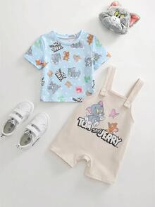 TOM & JERRY X SHEIN 男婴卡通图案字母印花圆领短袖T恤和背带短裤套装 - 藍色 - 查看 4