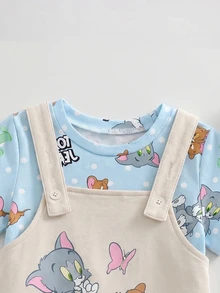 TOM & JERRY X SHEIN 男婴卡通图案字母印花圆领短袖T恤和背带短裤套装 - 藍色 - 查看 5