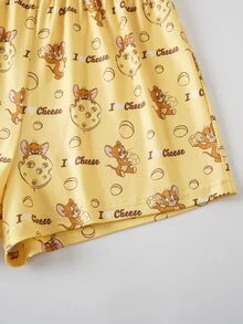 TOM & JERRY X SHEIN Women's Letter Cartoon Print Camisole Top And Shorts Casual Daily Home Pajama Set - Yellow - View 8