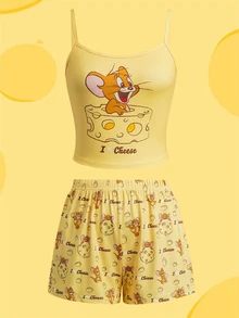 TOM & JERRY X SHEIN Women's Letter Cartoon Print Camisole Top And Shorts Casual Daily Home Pajama Set - Yellow - View 2