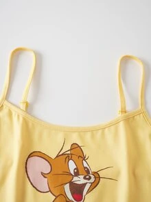 TOM & JERRY X SHEIN Women's Letter Cartoon Print Camisole Top And Shorts Casual Daily Home Pajama Set - Yellow - View 4