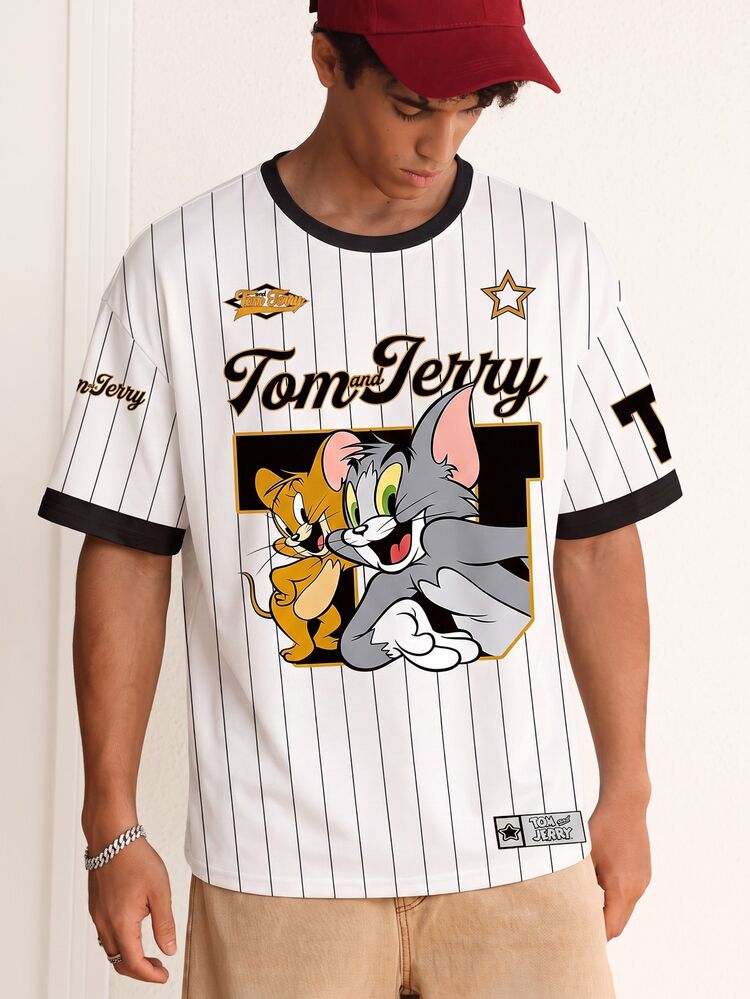 TOM & JERRY X SHEIN Men Striped & Cartoon Letter Graphic Ringer Tee - White - View 1