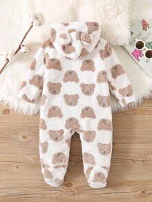 SHEIN Romper Bayi Laki-laki Berkerudung Motif Beruang Berbulu untuk Musim Gugur, Modis Kasual, Kreatif, Personal, Segar, dan Menggemaskan - Krem - View 4