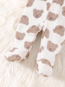 SHEIN Romper Bayi Laki-laki Berkerudung Motif Beruang Berbulu untuk Musim Gugur, Modis Kasual, Kreatif, Personal, Segar, dan Menggemaskan - Krem - View 5