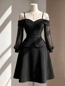Fine & Folde Women's Elegant Romantic Off-The-Shoulder Top And A-Line Skirt 2 Pieces Set - Black - View 1