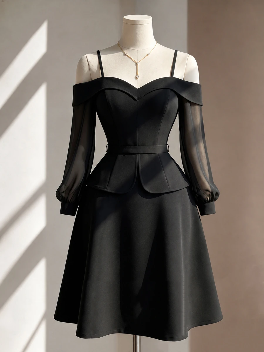 Fine & Folde Women's Elegant Romantic Off-The-Shoulder Top And A-Line Skirt 2 Pieces Set - Black - View 1